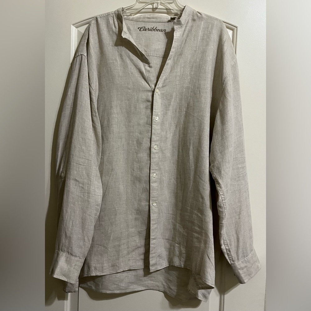 Caribbean Men's 100% Linen Light Tan Button Down Shirt Tropical Lounge Resort XL